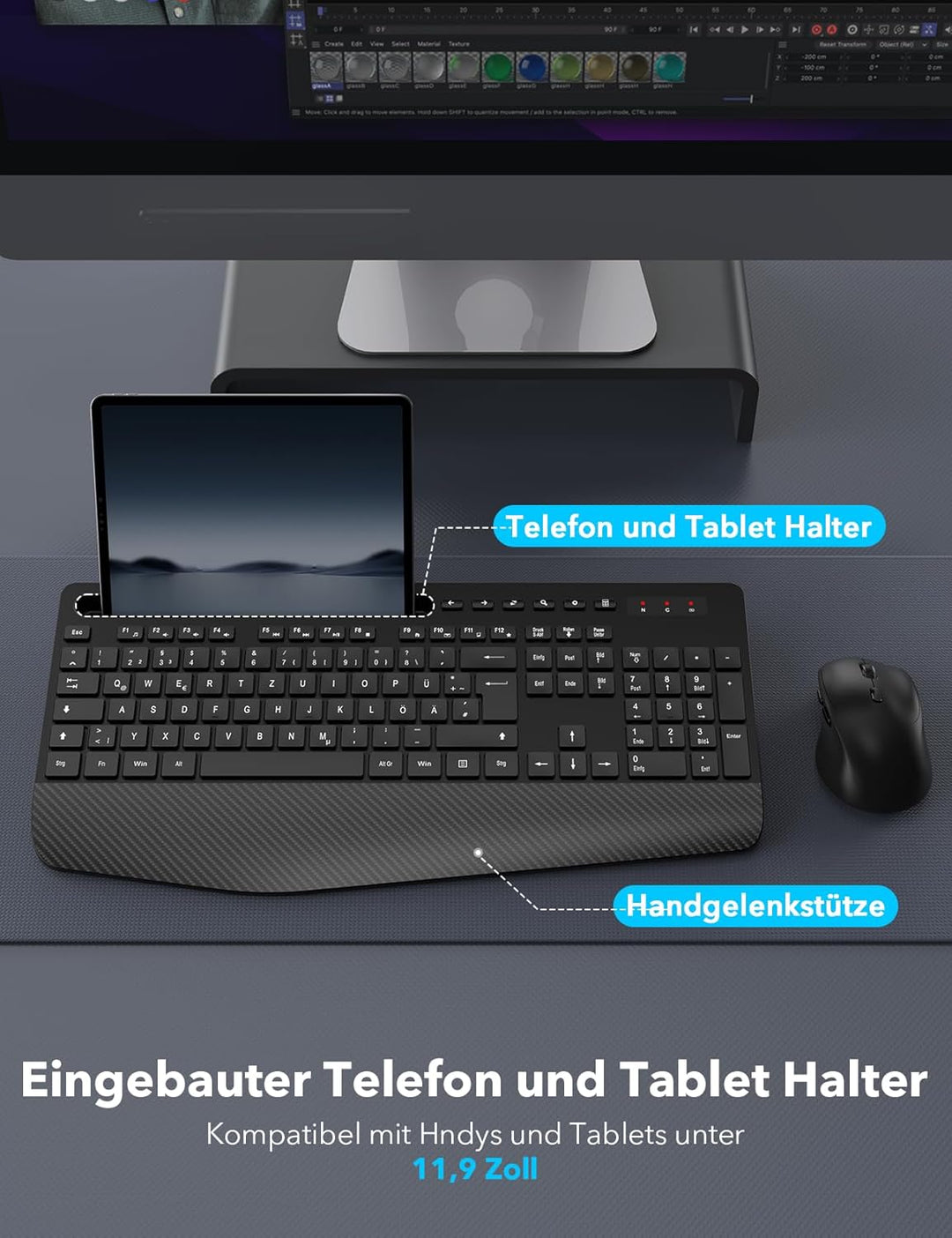 Tastatur Maus Set Kabellos, Ergonomische Tastatur in Voller Grösse mit Handgelenkauflage, Telefonhal