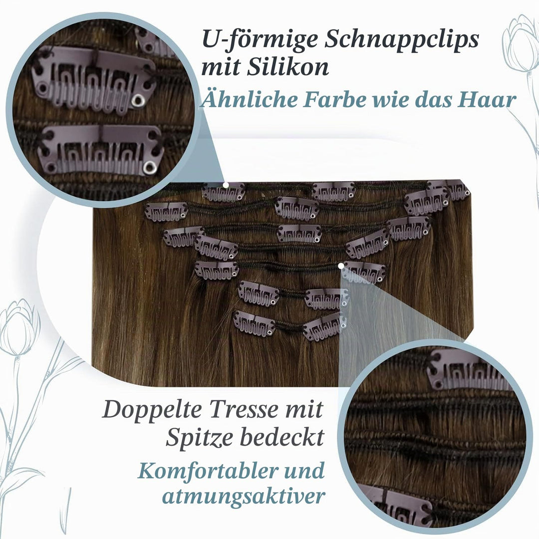 RUNATURE Clip in Extensions Echthaar Balayage Braun 30cm Gerade Echthaar Extensions Clip Braun Ombre