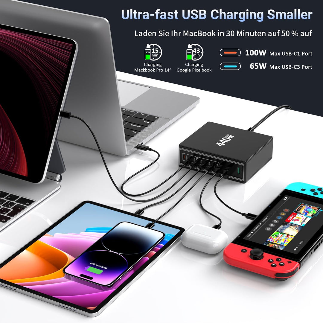 HSSNS USB C Ladegerät Mehrfach: 440W 8 Ports USB Schnellladegerät mit 5 USB-C und 3 USB-A - USB C Ch