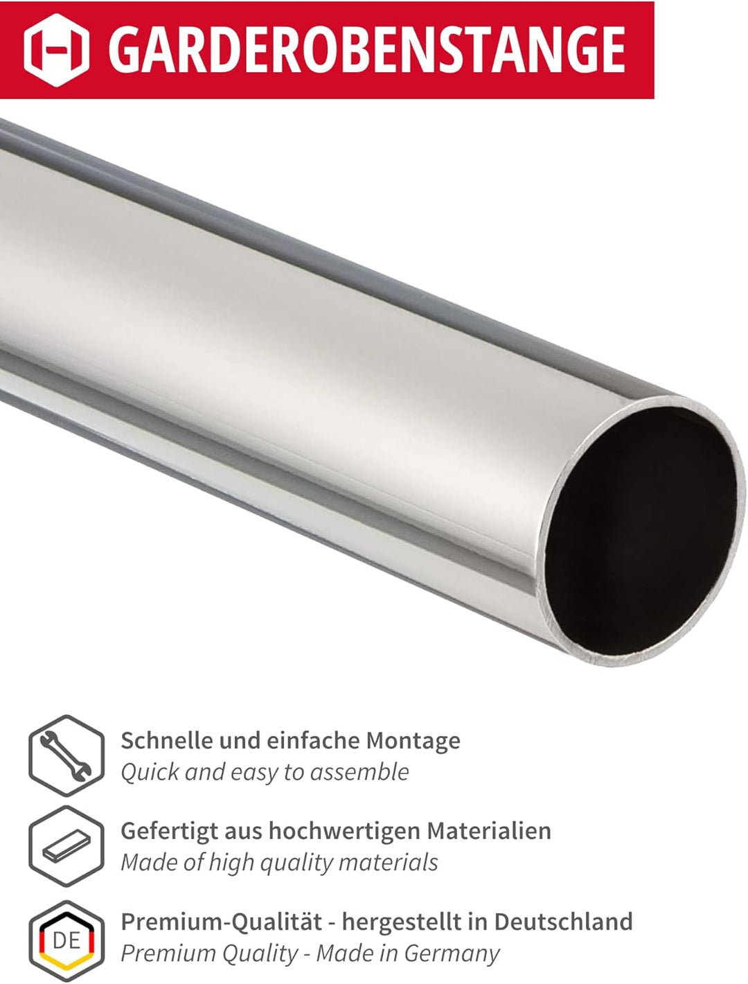 Gedotec Kleiderstange Wandmontage rund | 1 Set Garderobenstange mit 2 Stk Schrankrohrlager Chrom glä
