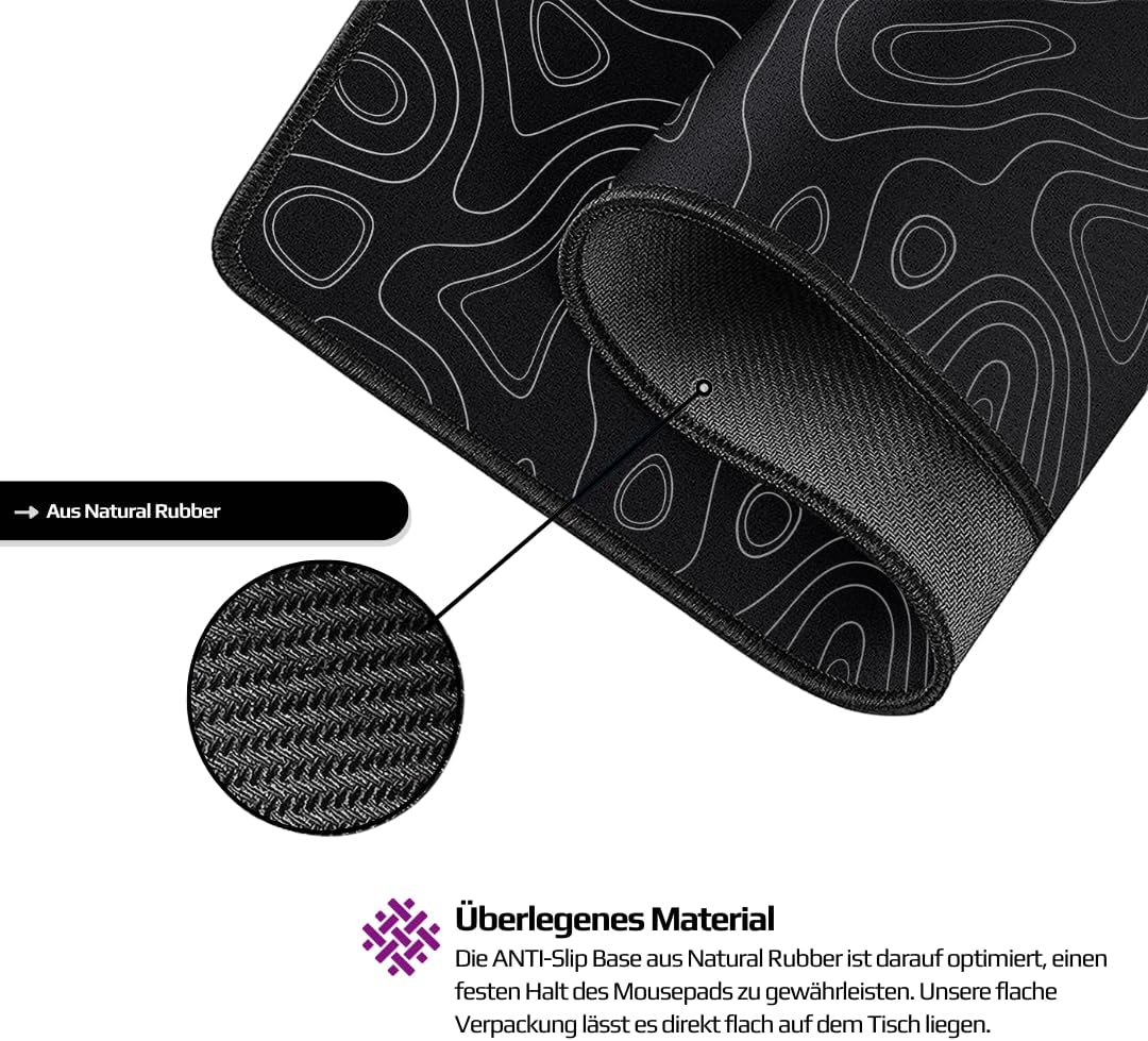 Nyfter - XXL Gaming Mauspad Black im Topography Design 900 x 500mm Premium Mousepad Size Gross vernä