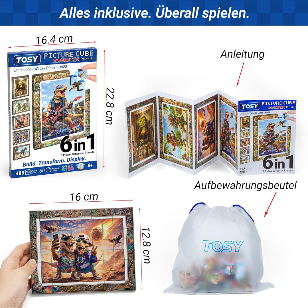 TOSY Picture Cube Wacky Dinos: 6-in-1 magnetisches Bilderpuzzle, 80 Blöcke, 488 Flächen/Magnete, 0,6