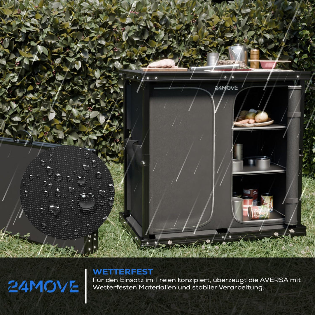 24MOVE® Campingküche faltbar, höhenverstellbarer Campingschrank Alu Reiseküche mit Arbeitsplatte und