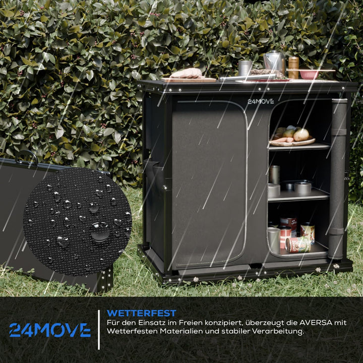 24MOVE® Campingküche faltbar, höhenverstellbarer Campingschrank Alu Reiseküche mit Arbeitsplatte und