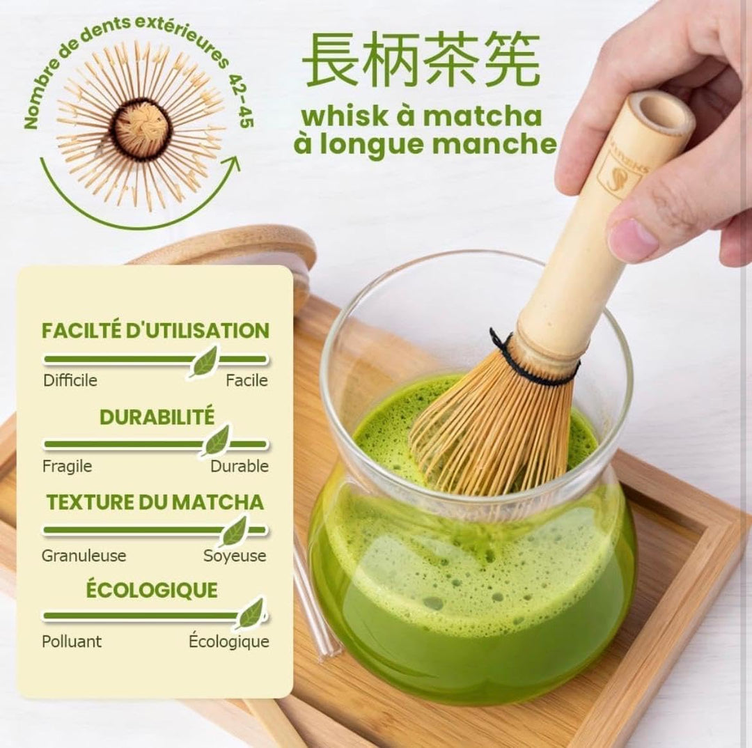 Matcha-Set aus Glas Matcha Latte, 550 ml, mit Deckel aus Bambus & Glasstrohhalm – Schneebesen aus na