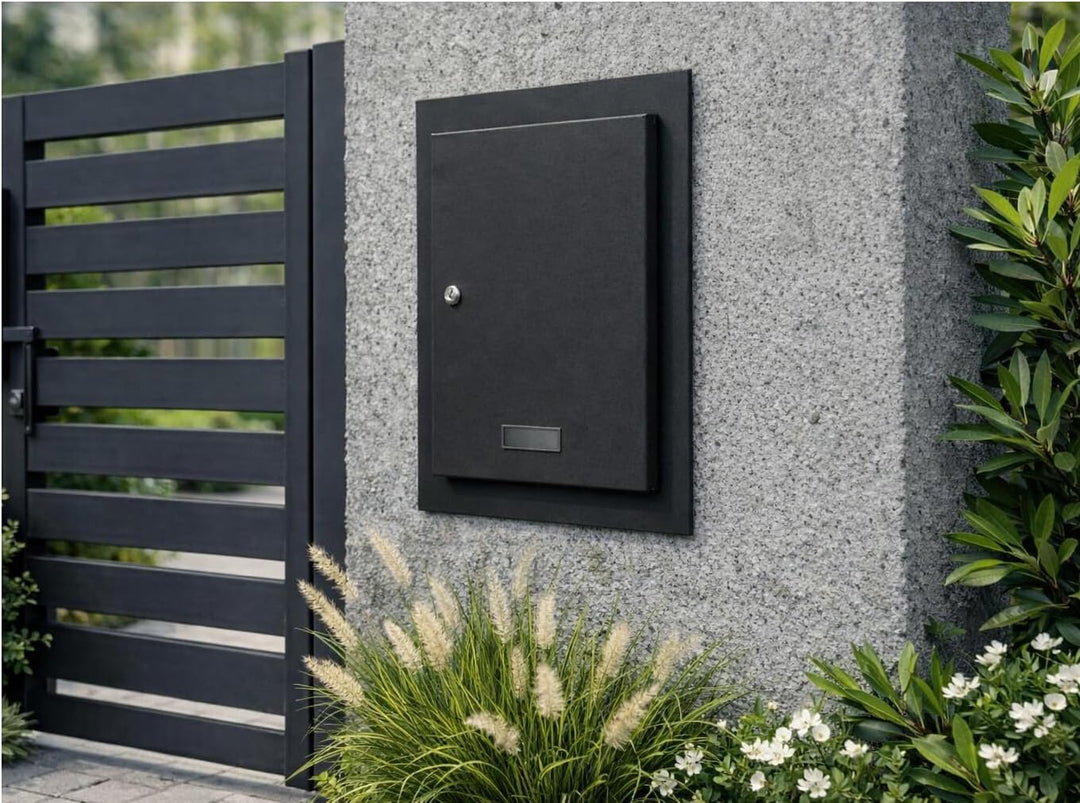 Mauerdurchwurf Briefkasten Schwarz Matt RAL 9017 mit Rahmen Einbaubriefkasten für Mauer verzinkter S