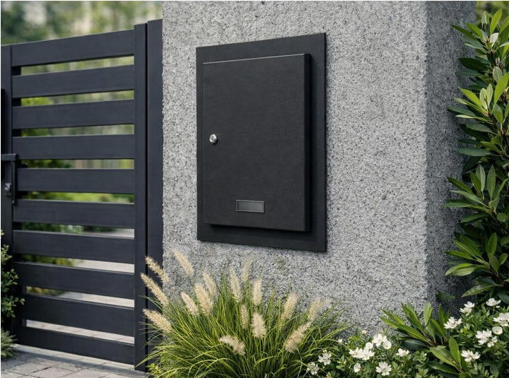 Mauerdurchwurf Briefkasten Schwarz Matt RAL 9017 mit Rahmen Einbaubriefkasten für Mauer verzinkter S