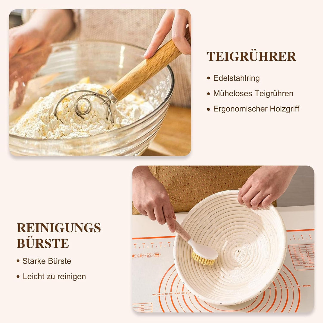 Sauerteig Starter Set, 11-teilig Gärkorb Brot Set, Oval 25cm, Rattan, Komplettset Brot Backen Zubehö
