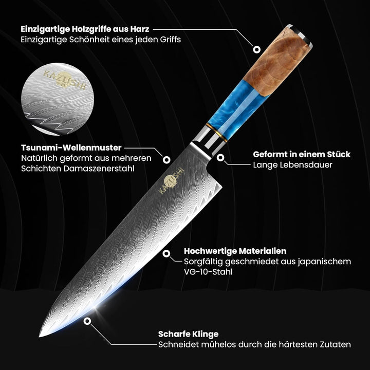 KAZUSHI Kochmesser, Profi Messer, Scharfe Küchenmesser Chefmesser, Klingenlänge 21 cm, Holzgriffe au