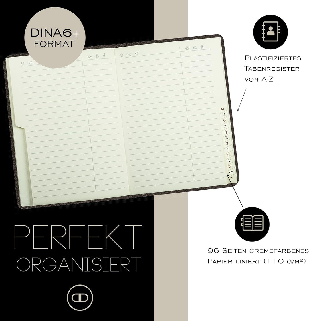 DELMON VARONE - Personalisierbares Adressbuch DIN A6 gebunden mit A-Z Register Vintage Anilin Leder