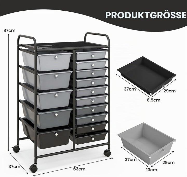 KOMFOTTEU Rollwagen mit 10/15 Schubladen stapelbar, Badrollwagen Rollcontainer mit Metallrahmen, All