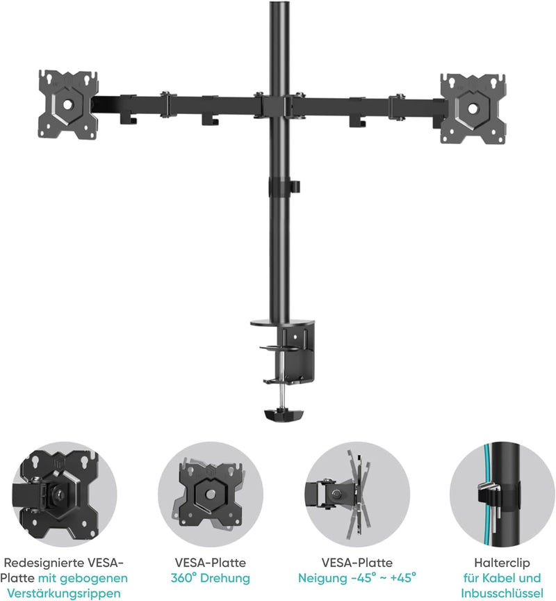 ONKRON Zweiarm Monitor Halterung für 13-32 Zoll Flach&Curved Bildschirm, Tischhalterung Höhenverstel