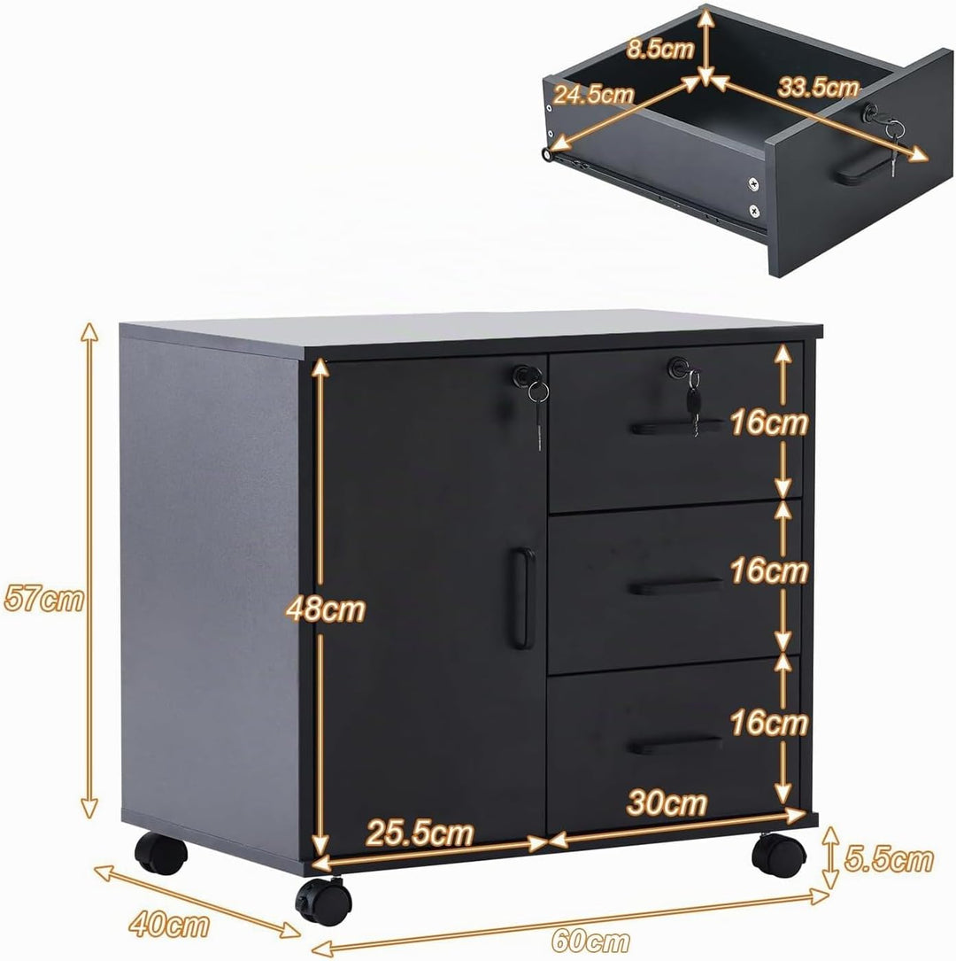 TUKAILAI Rollcontainer, Aktenschrank mit Schubladen, Büroschrank mit 4 Rollen, 3 Schubladen und 1 Tü