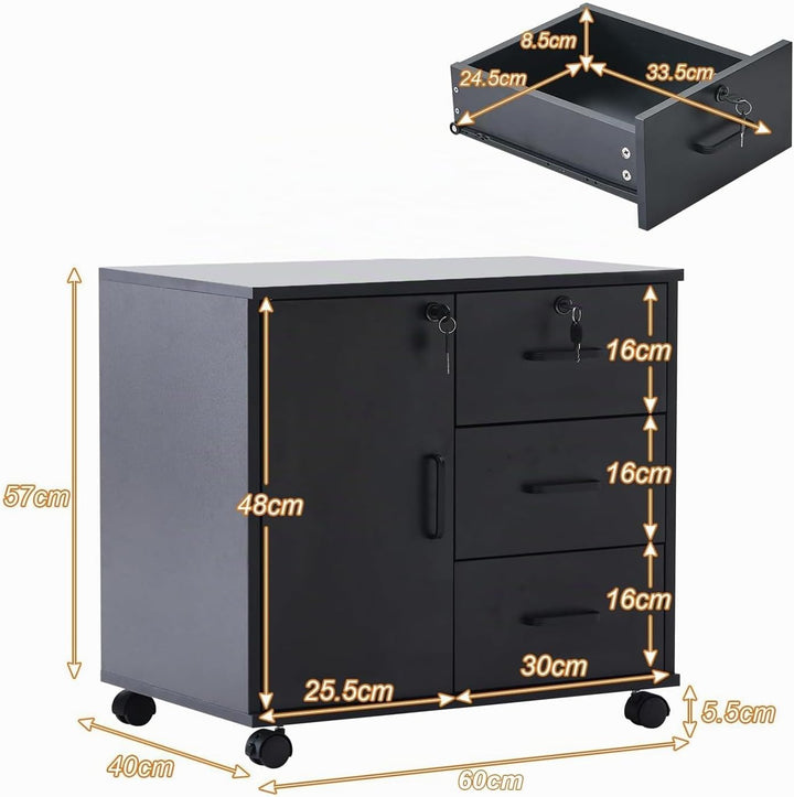 TUKAILAI Rollcontainer, Aktenschrank mit Schubladen, Büroschrank mit 4 Rollen, 3 Schubladen und 1 Tü