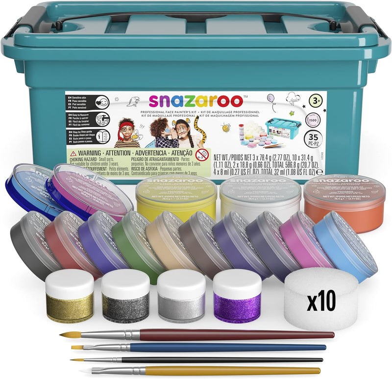 Snazaroo 1194030 Professioneller Schminkkoffer, 13 Schminkfarben, 3 Glittergel, 10 Schwämmchen & Sch