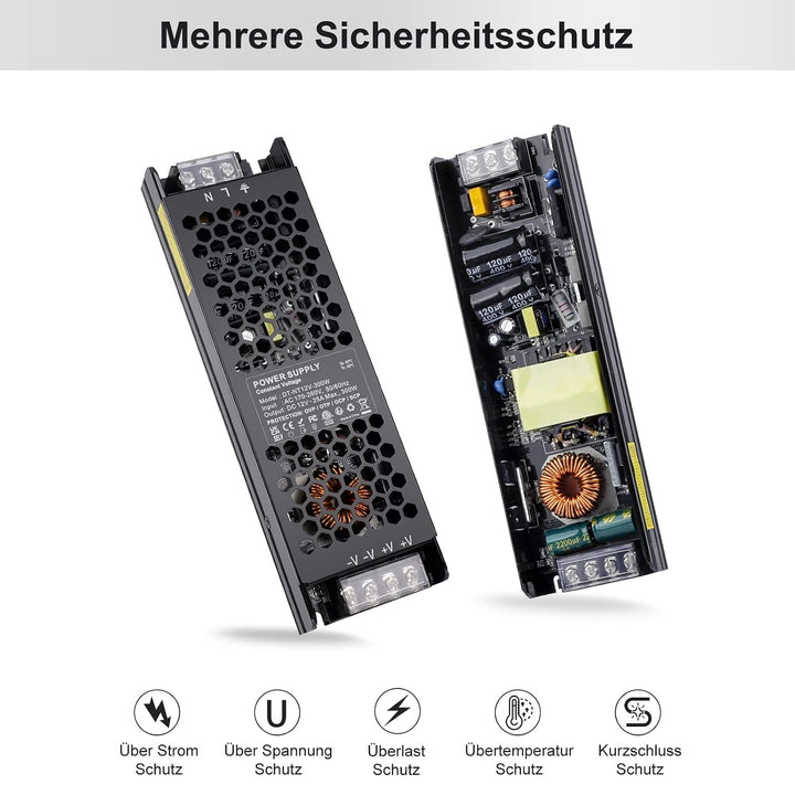 REYLAX LED Trafo 12V 300W, Trafo 230V auf 12V DC 25A, Kompakter Extra Dünn 12 Volt Netzteil LED Trei