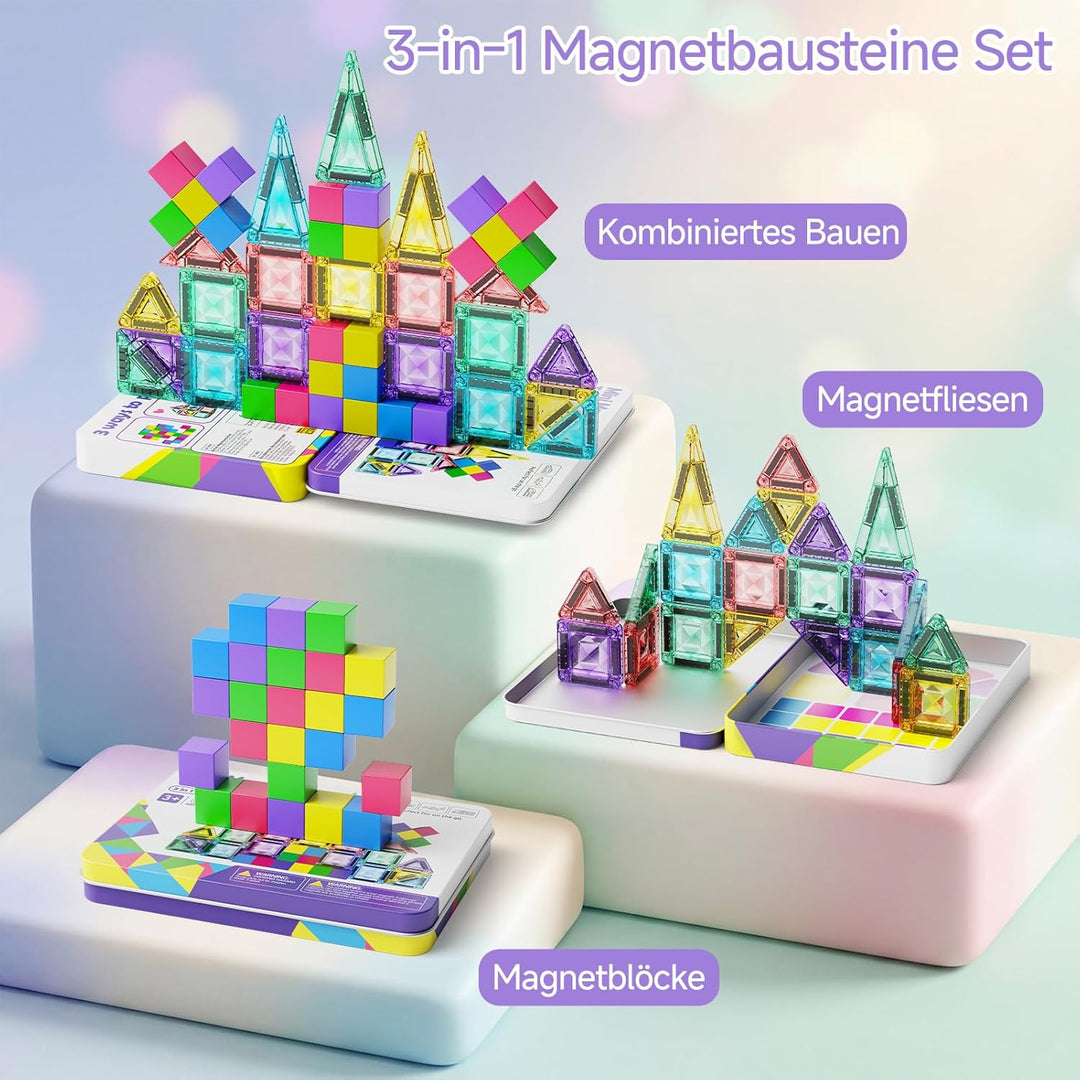 burgkidz Magnetbausteine und Magnetfliesen Reise-Set 48 Teile, 3-in-1-3,75 cm Magnetfliesen & 1,875