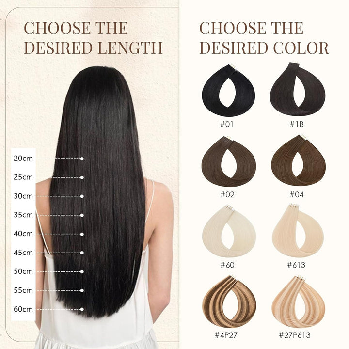 Elailite Tape Extensions Echthaar Naturschwarz, 10 Stück 20g Kleber Haarverlängerungen Invisible Gla