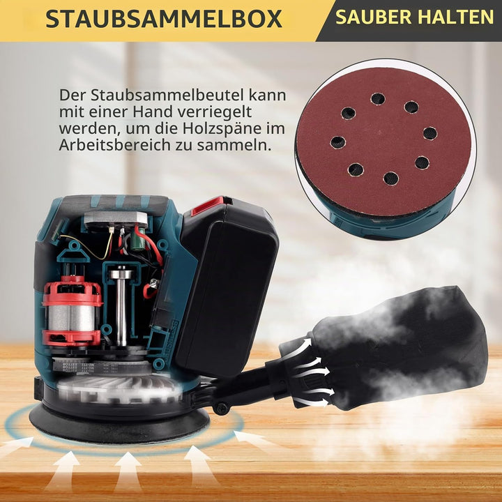 AMTOVL Exzenterschleifer Brushless Schleifmaschine Schleifgerät mit 5PCS 125mm Schleifpapier Schleif