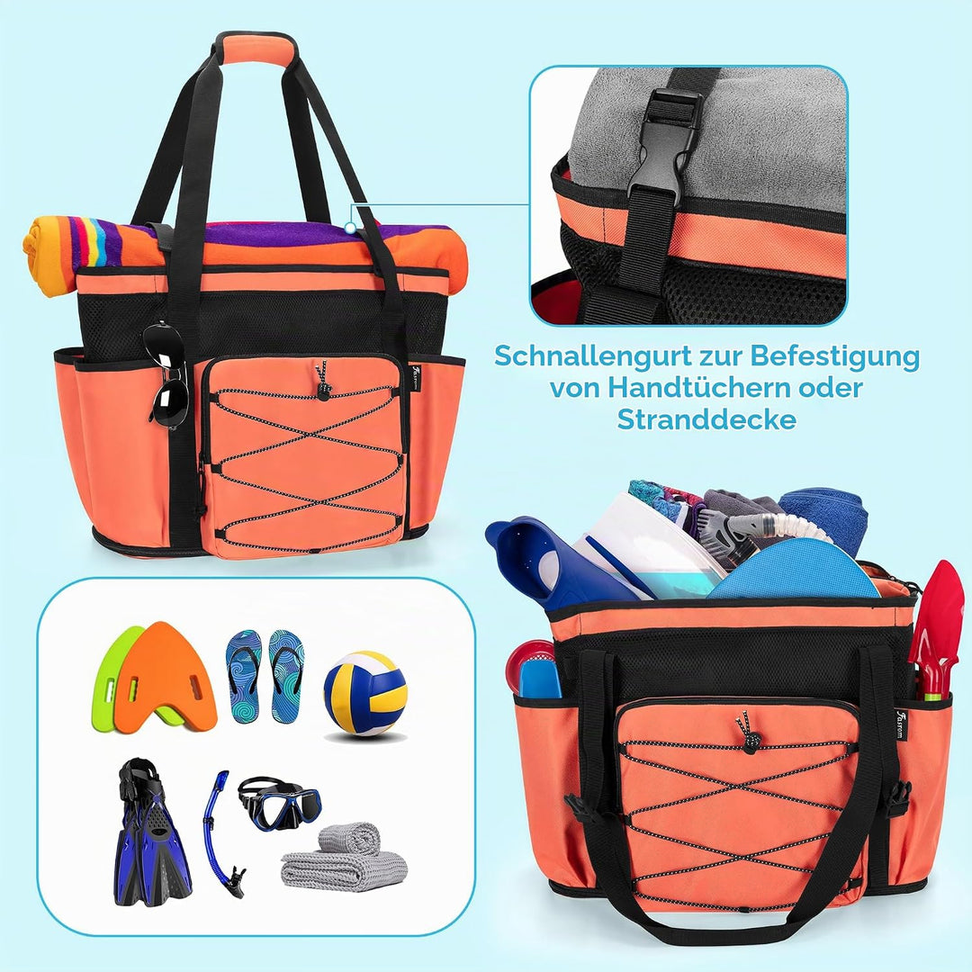 Fasrom Strandtasche XXL mit Reissverschluss unten, badetasche Gross | Mit Trennsystem mit 2 Schichte