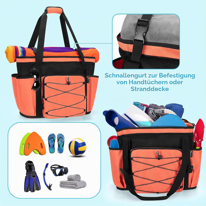 Fasrom Strandtasche XXL mit Reissverschluss unten, badetasche Gross | Mit Trennsystem mit 2 Schichte