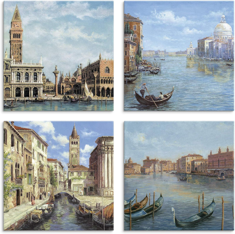 ARTLAND Leinwandbilder auf Holz Wandbild Bild Set 4 teilig je 40x40 cm Italien Venedig Stadt Gebäude