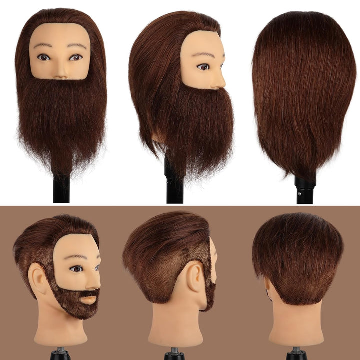 DaizySight Mann Frisierkopf 100% Echthaar mit Bart, Frisurenkopf Männlicher Haarschnitt Übungskopf m