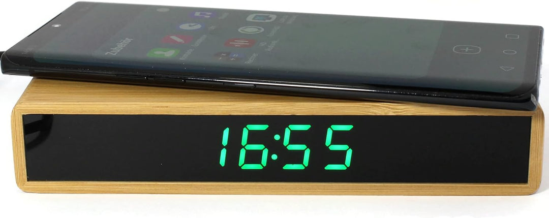 Atlanta Quarz-Wecker LED Anzeige mit Wireless Charging Induktiv Ladefunktion Bambus Gehäuse - 2603