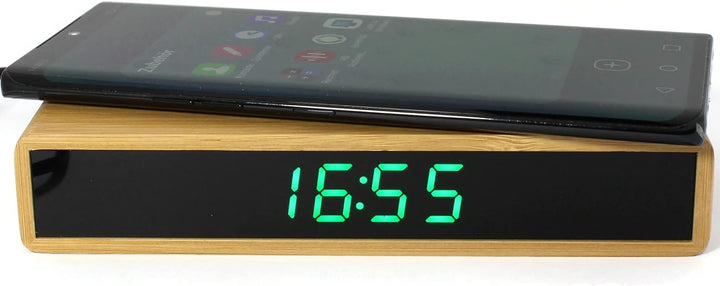 Atlanta Quarz-Wecker LED Anzeige mit Wireless Charging Induktiv Ladefunktion Bambus Gehäuse - 2603