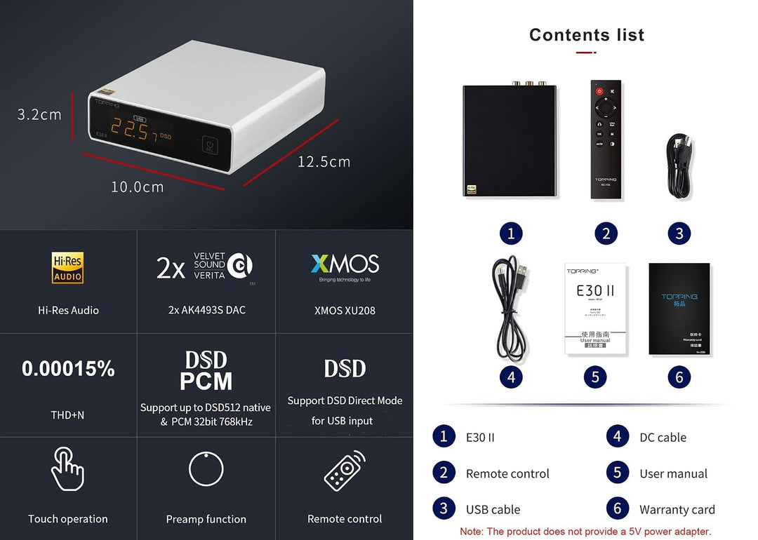 Topping E30 II DAC Vorverstärker – 2 x AK4493S Hi-Res XMOS XU208 DAC 32 Bit/768 kHz DSD512 DSD Direc