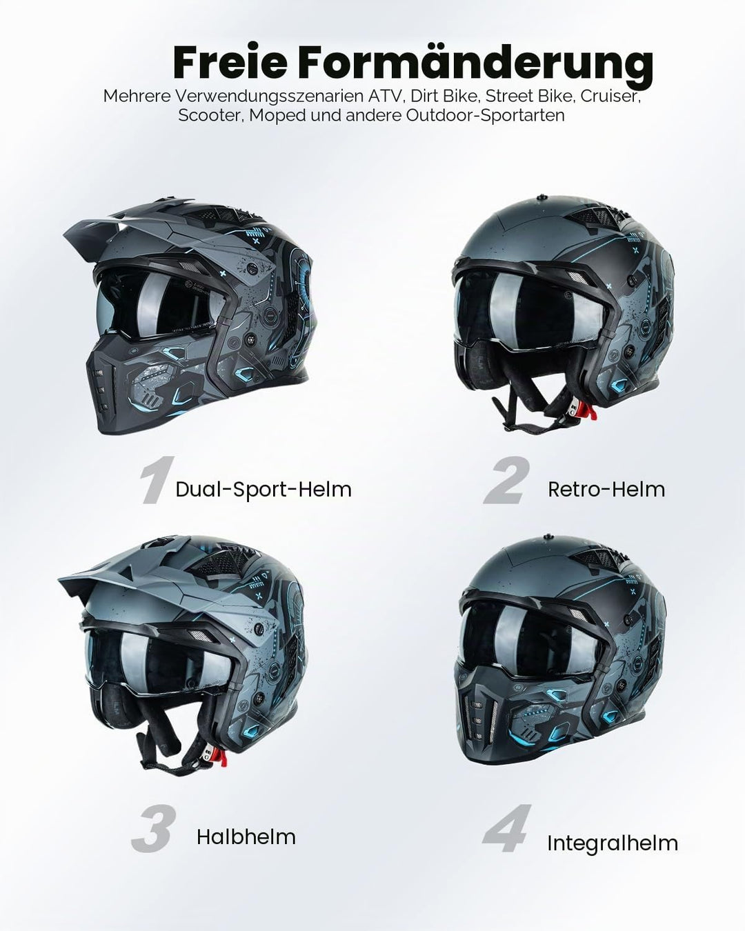 ILM Helm Motorrad Motocross Herren Damen Vintage Retro mit Visier ECE Model Z302,SciFiBlau,L L SciFi