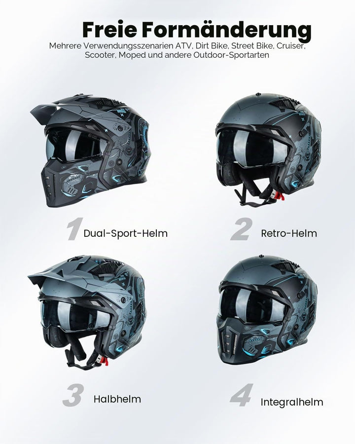 ILM Helm Motorrad Motocross Herren Damen Vintage Retro mit Visier ECE Model Z302,SciFiBlau,L L SciFi