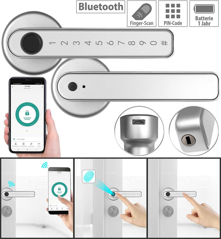 VisorTech Türgriff: Smarter Sicherheits-Türbeschlag mit Finger-Scanner, PIN & App, silber (Fingerabd