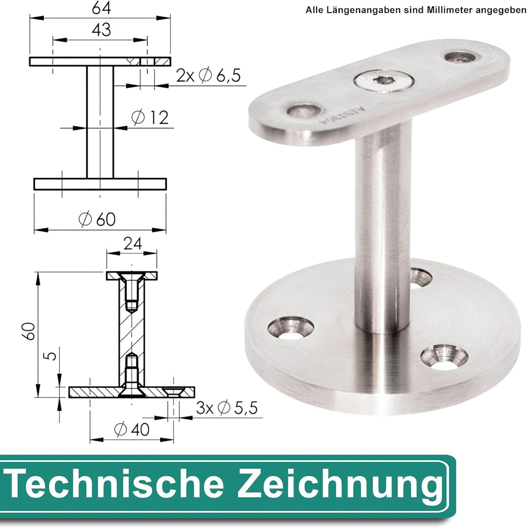 PRIOstahl Handlaufhalter Handlaufträger Wandhalter Handlaufstütze - 4 x Handlauf Flach an die Wand z