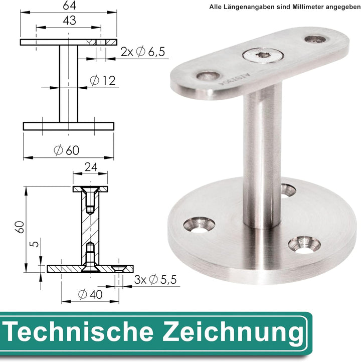 PRIOstahl Handlaufhalter Handlaufträger Wandhalter Handlaufstütze - 4 x Handlauf Flach an die Wand z