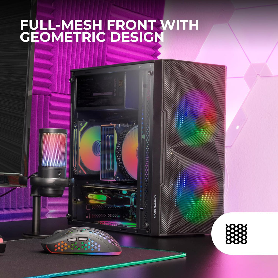 Mars Gaming MC-ME Schwarz, Kompaktes MicroATX-Gaming-Gehäuse, Seitenfenster aus Gehärtetem Glas, Geo