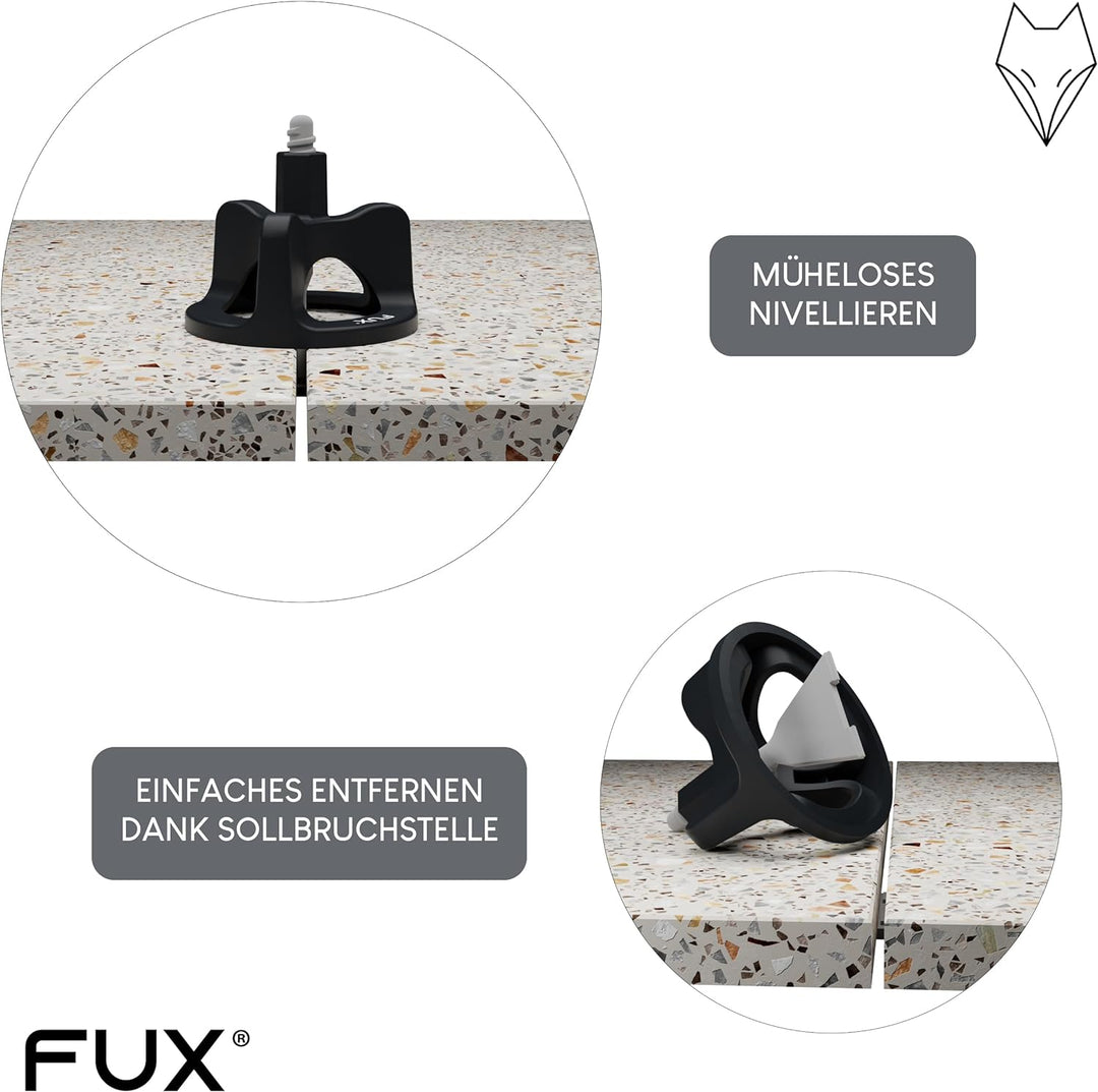 FUX® Fliesen Nivelliersystem 1,5mm, Fliesenleger Set: 100 Zughauben 1,5mm + 200 Gewindelaschen, Flie