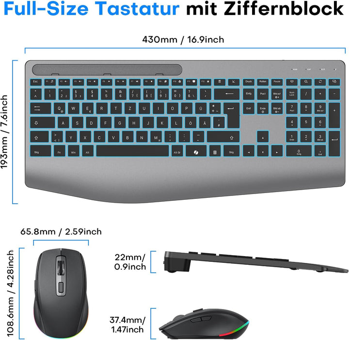 OMOTON Kabellose Tastatur und Maus Set – 2,4GHz Ergonomische Tastatur Beleuchtet mit Handballenaufla
