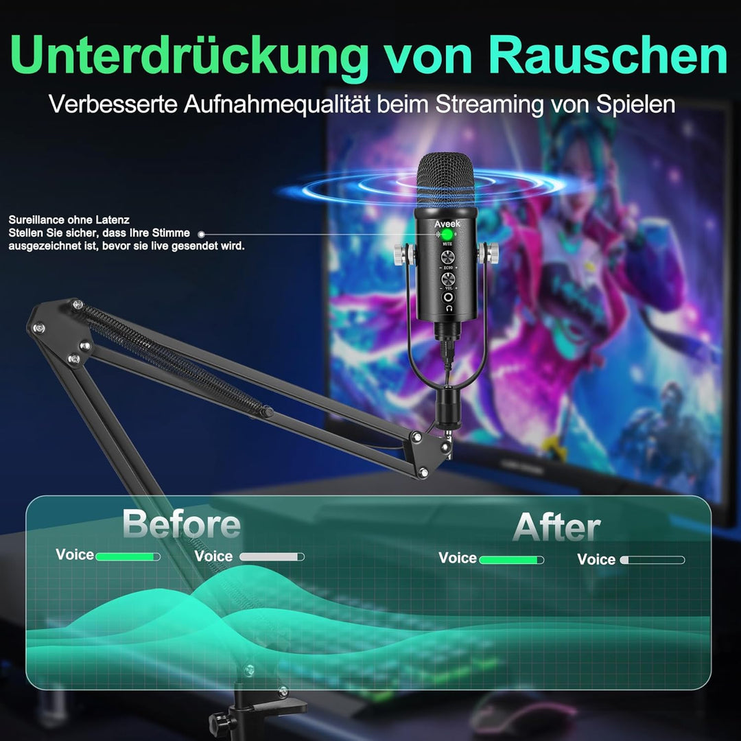 Aveek USB-Mikrofon, Kondensator-Aufnahme, Laptop, PC, Gaming-Mikrofon, Podcast-Mikrofon, Kit für Str