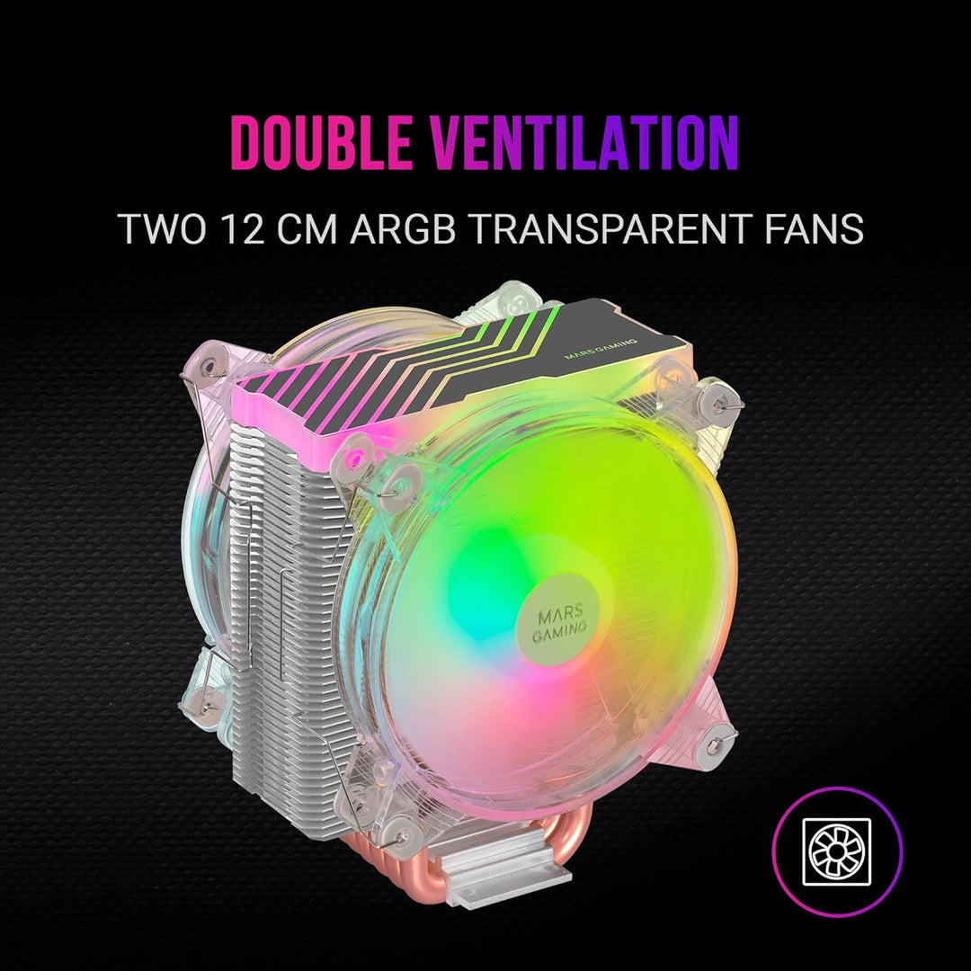 Mars Gaming MCPU66, Dreifach ARGB CPU Kühlkörper, 6 Heatpipes HCT, TDP 220W, 2 Lüfter 12cm, Schwarz,