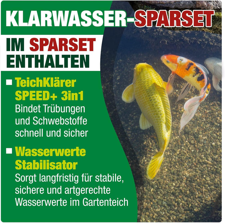 AQUALITY Klarwasser Teichpflege-Komplettset (Set mit Teichklärer und Wasserwerte Stabilisator für ei