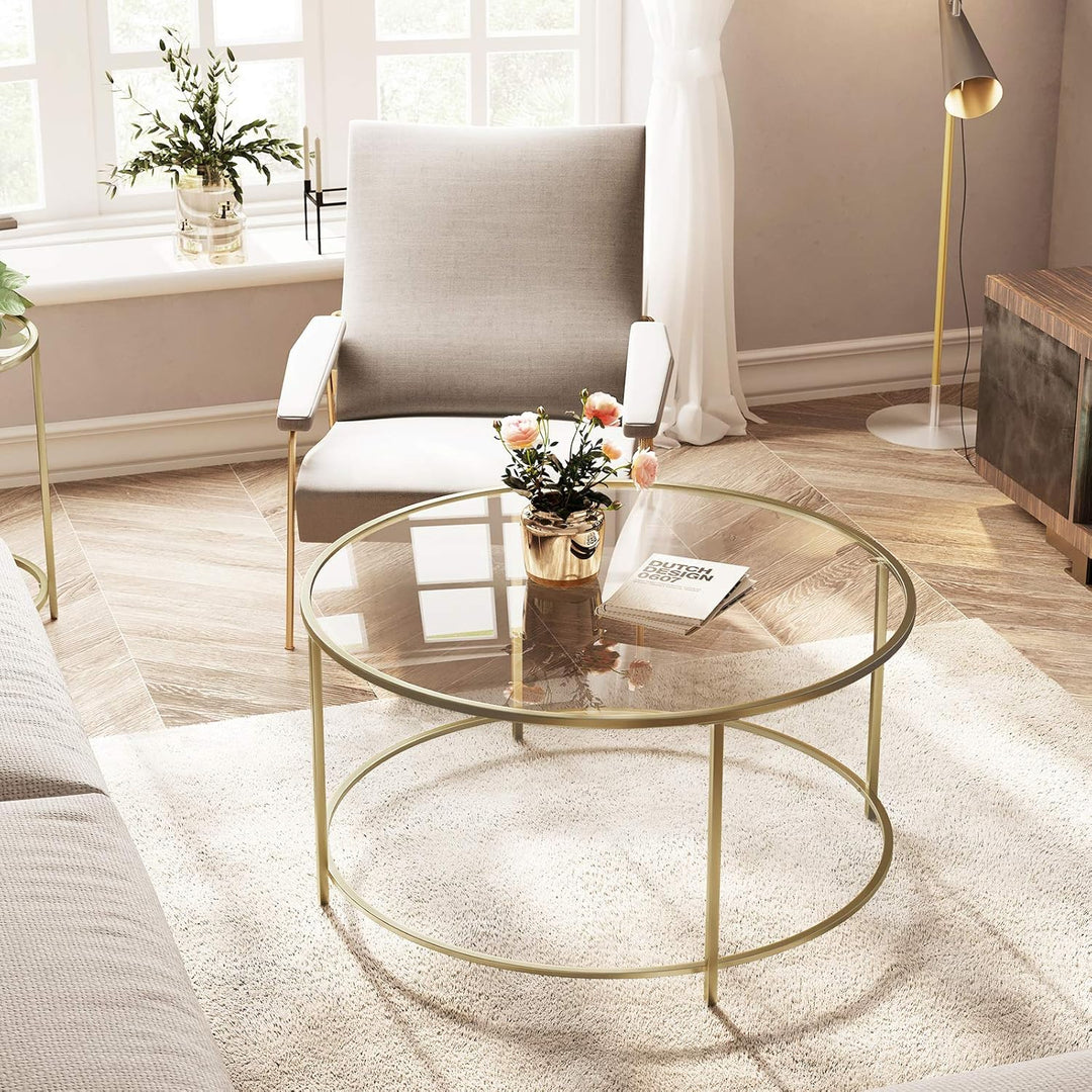 VASAGLE Couchtisch, Beistelltisch, Wohnzimmertisch rund, Glastisch mit Metallgestell, Hartglas, Nach