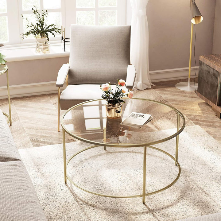 VASAGLE Couchtisch, Beistelltisch, Wohnzimmertisch rund, Glastisch mit Metallgestell, Hartglas, Nach