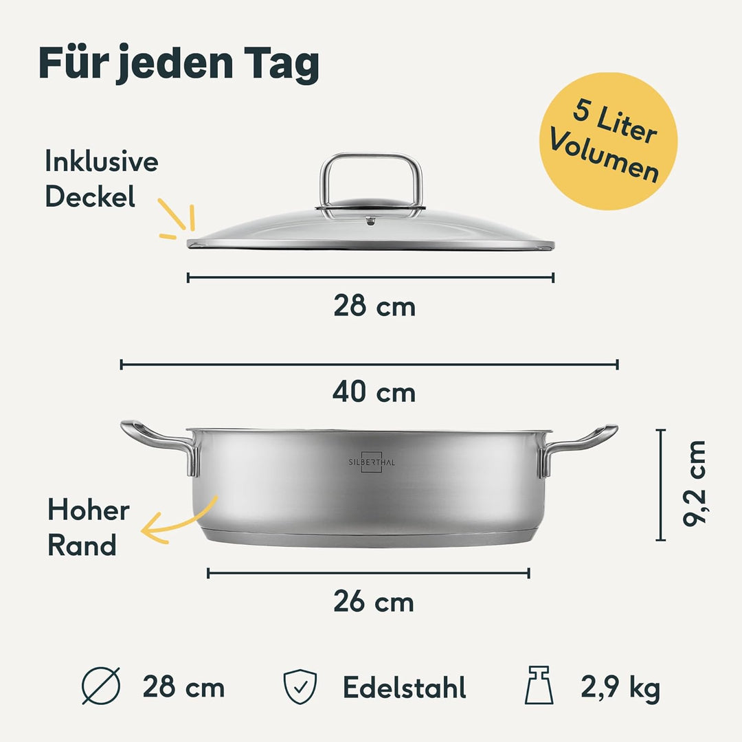 SILBERTHAL Servierpfanne 28 cm hoher Rand - Induktion - Edelstahl - Beschichtete Schmorpfanne mit De