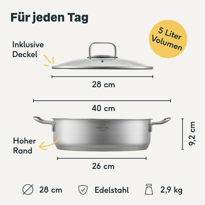 SILBERTHAL Servierpfanne 28 cm hoher Rand - Induktion - Edelstahl - Beschichtete Schmorpfanne mit De