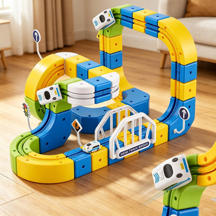 124 Stück Cube Track Set, Elektrische Eisenbahn mit 2 Zügen & 3D Gear Track, DIY Bausteine klick-Sys