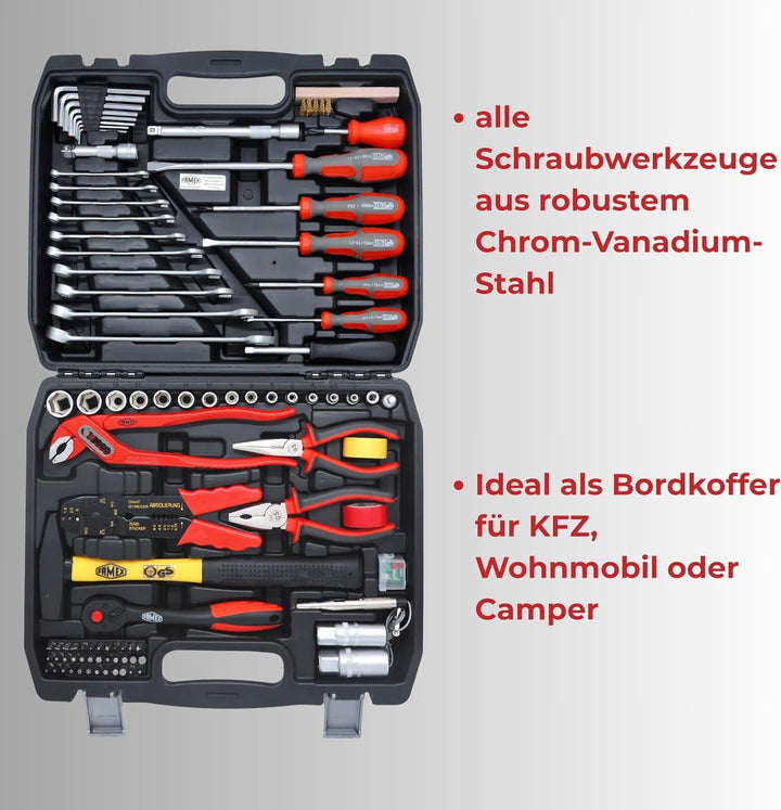 FAMEX 144-50 Werkzeugkoffer gefüllt bestückt mit hochwertigem Werkzeug Set - mit Steckschlüsselsatz,