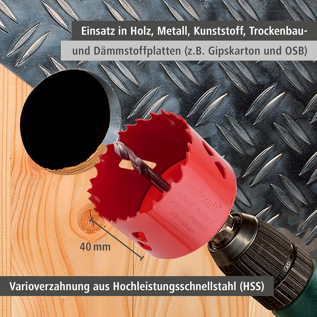 wolfcraft Bi-Metall-Lochsäge I 5498000 I Für Trockenbaumaterialien, Holz, Kunststoffe und Metalle, S