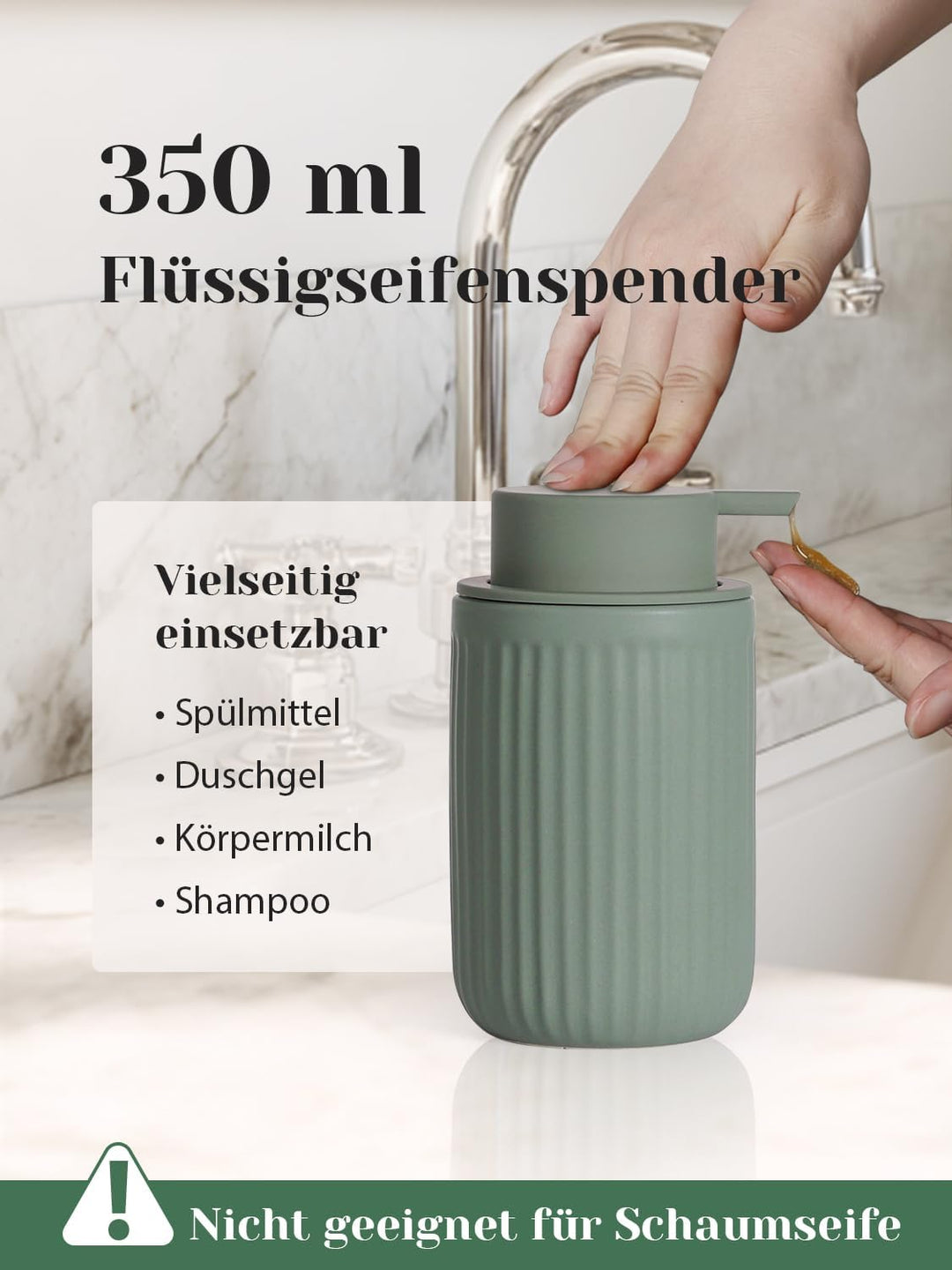 Badezimmer Set Grün, 4-teilig Keramik Bad Zubehör - 350 ml Seifenspender, Zahnputzbecher, Seifenscha