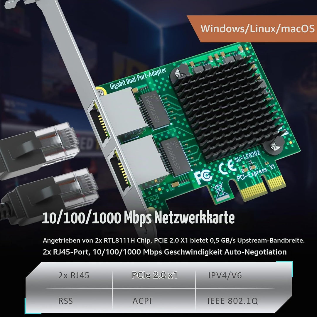 GLOTRENDS LE8202 2-Port Gigabit PCIe Ethernet Netzwerkkarte, 2 x RTL8111H Chip, 2 x RJ45 LAN Port, P
